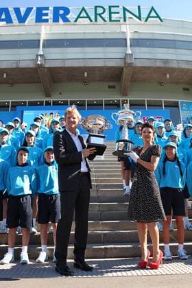 trophy presentation with Jim Courier and Dannii Minogue in front of Rod Laver Arena before 2012 Tennis Australian Open in Melbourne starts, 16 01 2012 -