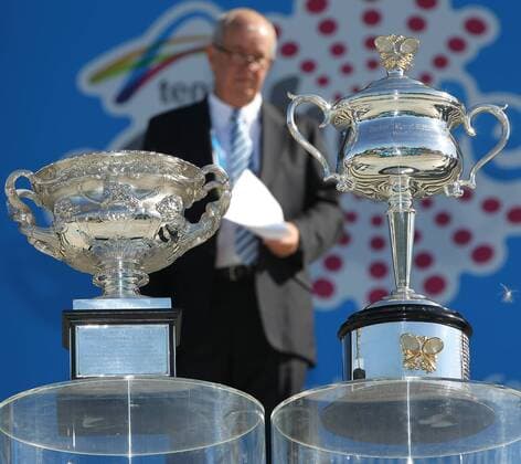 trophy presentation in front of Rod Laver Arena before 2012 Tennis Australian Open in Melbourne starts, 16 01 2012 -