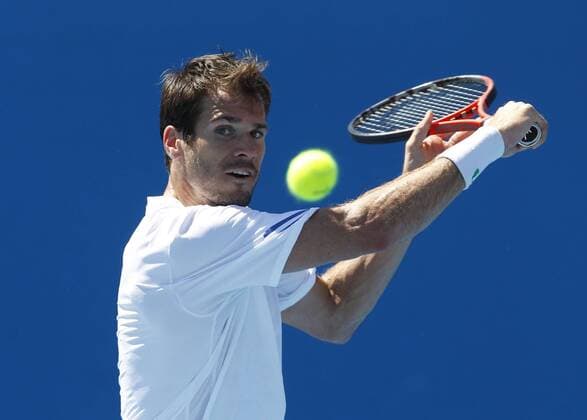 Australian Open 2012, Melbourne Park,ITF Grand Slam Tennis Tournament, Tommy Haas (GER), Aktion, Einzelbild,Halbkoerper,Querformat,