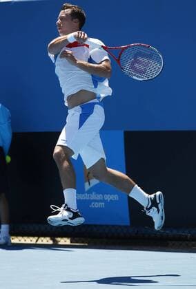 Australian Open 2012, Melbourne Park,ITF Grand Slam Tennis Tournament,Philipp Kohlschreiber(GER), Aktion, Einzelbild,Ganzkoerper,Hochformat,