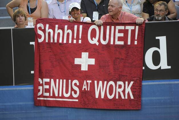 16.01.2012 Melbourne, Australia. Spectators cheer roger federer during the men s first round game. Roger Federer (SUI). Rod Laver Arena at the Australian Open xPeterxBlakemanx  ActionPlus11234966