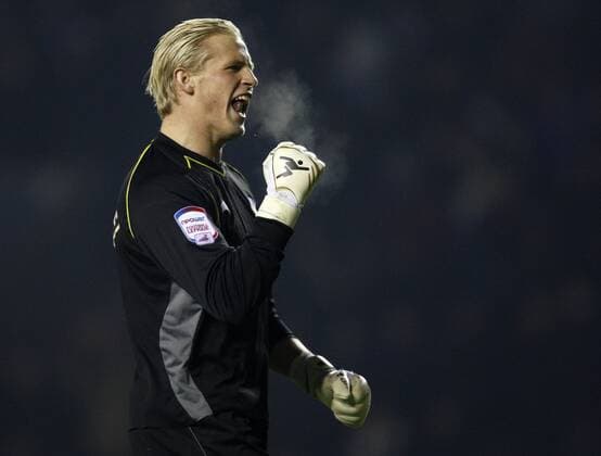Football - FA Cup 3rd Round Replay - Leicester City vs. Nottingham Forest Leicester keeper Kasper Schmeichel celebrates the fourth goal at The King Power Stadium. 