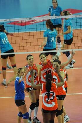 Women champions league group A volleyball match between Eczacibasi Vitra (orange) and SC Schweriner ( blue) at Burhan Felek Hall in Istanbul. 17.01.2012 Scored: Eczacibasi Vitra 3 - SC Schweriner 2 1. set 29-31 2. set 25-20 3. set 25 21 4. set 22-25 5. set 15-12 Pictured: Gulden Kuzubasioglu (2), Esra Gumus (12), Mirka Francia (13), Neslihan Darnel (17) and Maja Poljak (18) of Eczacibasi Vitra. 
