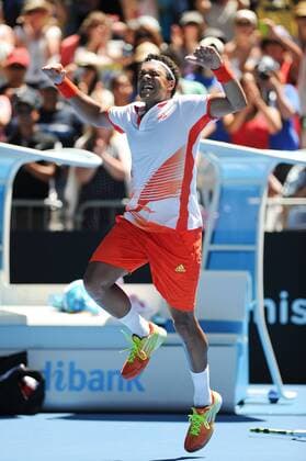 Jo-Wilfried Tsonga of France celebrates after winning the second round men s singles match during 2012 Australian Open tennis championships in Melbourne, Australia 