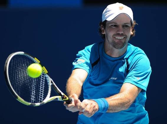 Ricardo Mello of Brazil hits a return in his second round men s singles match during 2012 Australian Open tennis championships in Melbourne, Australia 
