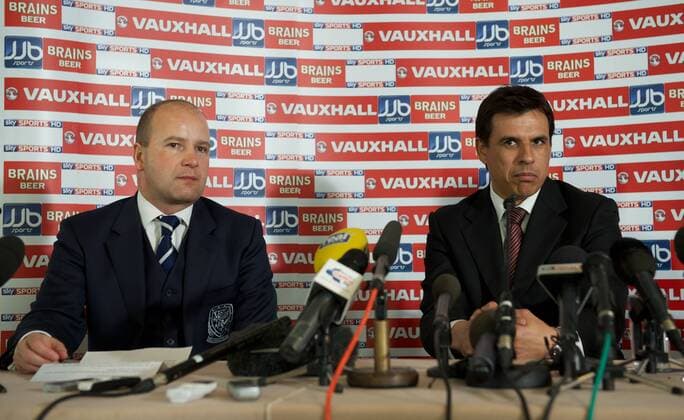 Wales new national team manager Chris Coleman during a press conference to announce his appointment at the St. David s Hotel with Chief-Executive Jonathan Ford (L). xHOCHxZWEIx xPropagandax 