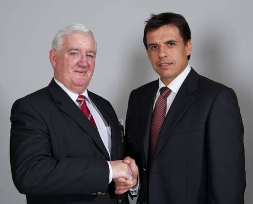 CARDIFF, WALES - Thursday, January 19, 2012 Football Association of Wales President Phil Pritchard with the new Wales national team manager Chris Coleman at the St. David s Hotel. xHOCHxZWEIx xPropagandax 