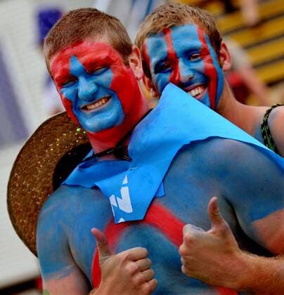 MELBOURNE, Jan. 20, 2012 -- Two tennis fans make up as supermen to watch the 2012 Australian Open tennis championship at Melbourne Park in Melbourne, Australia, Jan. 20, 2012. 