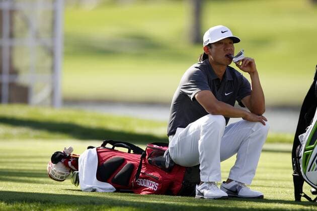January 20, 2012: Anthony Kim sits on his golf bag while waiting for slow play during the second round of the Humana Challenge In Partnership With The Clinton Foundation at Palmer Private at PGA Golf Herren West in La Quinta, California. GOLF: Humana Challenge JAN 20 - ZUMAcb8
