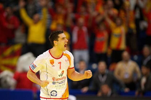Handball Belgrad (SRB) 21.01.2012 Europameisterschaften der Herren Männer 2012 Hauptrunde Gruppe A Dänemark (DAN) - Mazedonien (MKD) Kiril Lazarov (FYROM, Mazedonien, No.07)