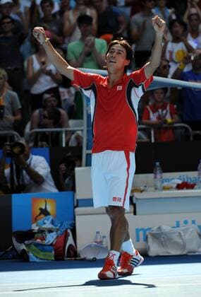 (120123) -- MELBOURNE, Jan. 23, 2012 (Xinhua) -- Kei Nishikori of Japan celebrates after the fourth round match of men s singles at the Australian Open tennis tournament in Melbourne, Jan. 23, 2012. . (Xinhua Guo Yong)(wll) AUSTRALIA- MELBOURNE-TENNIS-AUSTRALIAN OPEN-DAY 8 