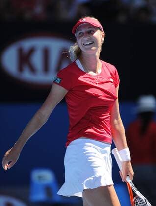 (120123) -- MELBOURNE, Jan. 23, 2012 (Xinhua) -- Ekaterina Makarova of Russia celebrates after the fourth round match of women s singles at the Australian Open tennis tournament in Melbourne, Jan. 23, 2012. . (Xinhua Bai Xue)(wll) AUSTRALIA- MELBOURNE-TENNIS-AUSTRALIAN OPEN-DAY 8 