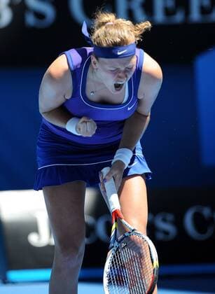 (120123) -- MELBOURNE, Jan. 23, 2012 (Xinhua) -- Petra Kvitova of Czech Republic celebrates during the fourth round match of women s singles at the Australian Open tennis tournament in Melbourne, Jan. 23, 2012. (Xinhua Guo Yong)(wll) AUSTRALIA- MELBOURNE-TENNIS-AUSTRALIAN OPEN-DAY 8 