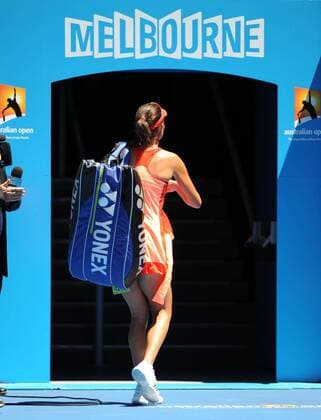 MELBOURNE, Jan. 23, 2012 - Ana Ivanovic of Serbia leaves the court after the fourth round match of women s singles at the Australian Open tennis tournament in Melbourne, Jan. 23, 2012. 