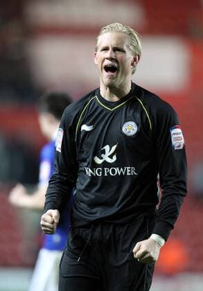 Leicesters goalkeeper Kasper Schmeichel celebrates on the final whistle Npower Championship Premier League Southampton FC v Leicester City at St Mary s Stadium, Southampton 23rd January, 2012 Editorial use only EDITORIAL USE ONLY. No use with unauthorised audio, video, data, fixture lists, club league logos or live services. Online in-match use limited to 120 images, no video emulation. No use in betting, games or single club league player publications.