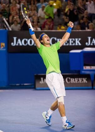 MELBOURNE, Jan. 24, 2012 -- Rafael Nadal of Spain celebrates victory after the men s singles quarterfinals match at the 2012 Australian Open tennis tournament in Melbourne, Australia, Jan. 24, 2012. 