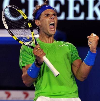 MELBOURNE, Jan. 24, 2012 -- Rafael Nadal of Spain celebrates during the men s singles quarterfinals match at the 2012 Australian Open tennis tournament in Melbourne, Australia, Jan. 24, 2012. 