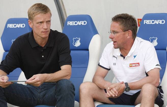 Fussball Freundschaftsspiel TSG 1899 Hoffenheim von links: Jan Schindelmeiser Trainer Ralf Rangnick