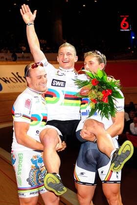 Die neuen Weltmeister im Teamsprint - v.l.n.r. - Maximilian LEVY - Rene ENDERS - Stefan NIMKE - Event: 101. Berliner Sechstagerennen - Berlin Sixdays - 2012 - Location: Velodrom Berlin - Berlin - Deutschland - Europa - - Contact