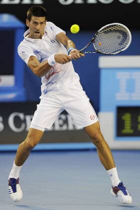27.01.2012 Australian Open Tennis from Melbourne Park. Novak Djokovic (SRB) returns a shot in his match on the twelve day of the Australian Open Tennis Championships in Melbourne, Australia. xEstherxLimx  ActionPlus11238991
