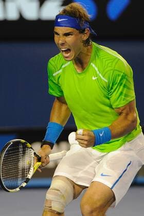 29.01.2012 Australian Open Tennis from Melbourne Park. Rafael Nadal (ESP) reacts after winning break point in his match on the fourteenth day of the Australian Open Tennis Championships in Melbourne, Australia. xEstherxLimx  ActionPlus20215999