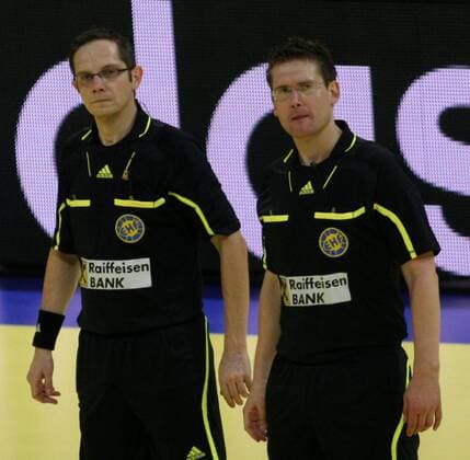 29.01.2012 Belgrade(Serbia) 10th Men s European Handball Championship Croatia-Spain match for third place Marcus Helbig(L) and Lars Geipel(r) German referees : 