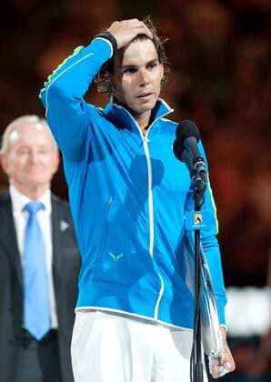 (120129) -- MELBOURNE, Jan. 29, 2012 (Xinhua) -- Rafael Nadal of Spain speaks during the awarding ceremony for the men s singles final at 2012 Australian Open tennis tournament in Melbourne, Australia, on Jan. 29, 2012. (Xinhua Bai Xue) (hy) AUSTRALIA-MELBOURNE-TENNIS-MEN S-FINAL 