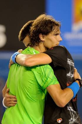 Melbourne, Victoria, Australia - Novak Djokovic (SRB) celebrates with Rafael Nadal (ESP) after winning the men s finals match on day 14 of the 2012 Australian Open at Melbourne Park, Australia. Tennis 2012 - Australian Open - Men s Final - ZUMAx35