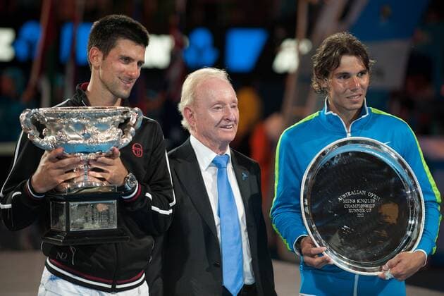Melbourne, Victoria, Australia - Rafael Nadal (ESP, R), winner Novak Djokovic (SRB) and Rod Laver pose for pictures with their trophies and Rod Laver at the men s finals match on day 14 of the 2012 Australian Open at Melbourne Park, Australia. Tennis 2012 - Australian Open - Men s Final - ZUMAx35