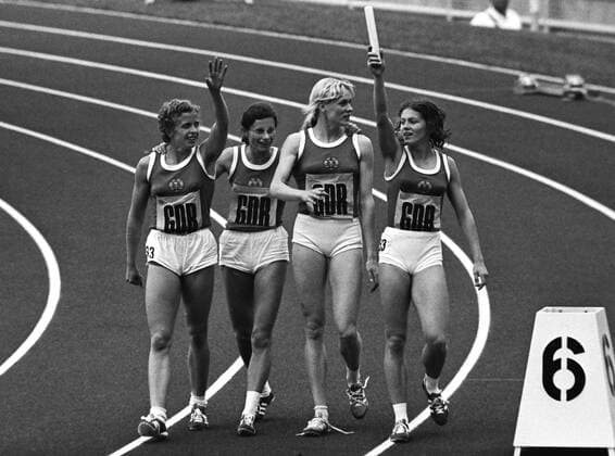 Athletics: Olympia Munich 1972 - 4 x 400M Relay Final winners DDR team celebrate. R to L . Monika Zehrt,Rita Kühne,Helga Seidler,Dagmar Käsling 