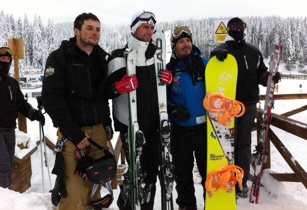 11.02.2012 Kopaonik(Serbia) Novak Djokovic(c) with friends from his childhood after 6 years at winter holiday at the mountain Kopaonik.On these mountain Novak Djokovic start to play tennis - 
