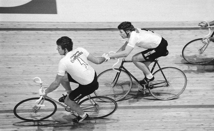 6 - Tage-Rennen Schleyerhalle Januar 1984 von links Gregor BRAUN und Gert FRANK