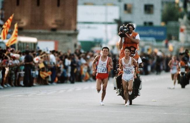Olympische Spiele Sommerspiele 1992 Barcelona Leichtathletik Herren Marathon li. Hwang ( KOR ) Gold , re. Morishita ( JPN ) Silber