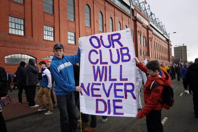 Football - Scottish Premier League - Glasgow Rangers. Rangers fans march towards Ibrox to show there support for their club prior to the Glasgow Rangers match Scottish Premier League match at Ibrox Stadium Glasgow on February 18th 2012 - 