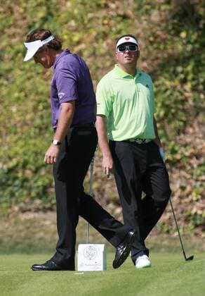 Feb. 18, 2012 - Los Angeles, California, U.S. - Phil Mickelson(L) and Pat Perez (R) in the third round of the Northern Trust Open golf tournament at Riviera Country Club in Los Angeles, Saturday, Feb. 18, 2012. 2012 Northern Trust Open - ZUMAc68