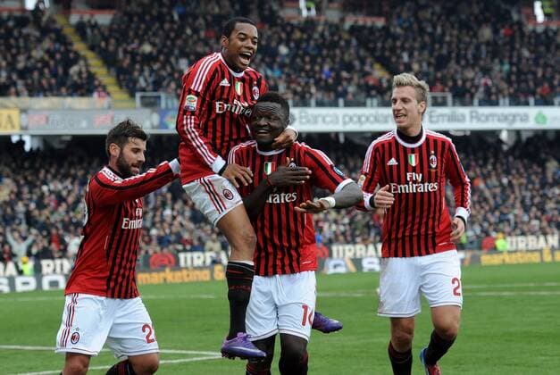 SULLEY ALI MUNTARI (Milan) jubelt mit ANTONIO NOCERINO, ROBINHO und MAXI LOPEZ - Cesena, 19 02 2012 - Serie A 2011 2012 - AC Cesena Vs AC Milan allexsabba