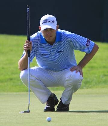 Bill Haas lines up a putt during the Northern Trust Open at the Riviera Country Club in the Pacific Palisades area of Los Angeles on February 19, 2012.  LAP201202197038