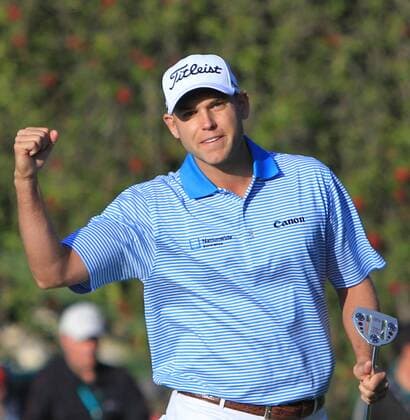 Bill Haas celebrates after making a long putt during the Northern Trust Open at the Riviera Country Club in the Pacific Palisades area of Los Angeles on February 19, 2012.  LAP201202197048