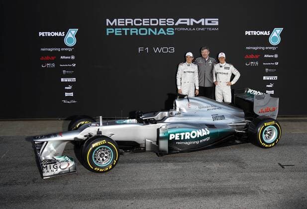 Motorsports: FIA Formula One World Championship 2012, Test Barcelona, Präsentation des neuen Mercedes F1 W03, presentation, launch, new, Nico Rosberg (GER, Mercedes AMG Petronas F1 Team), Ross Brawn ( Teamchef ), Michael Schumacher (GER, Mercedes GP Petronas F1 Team) xHOCHxZWEIx