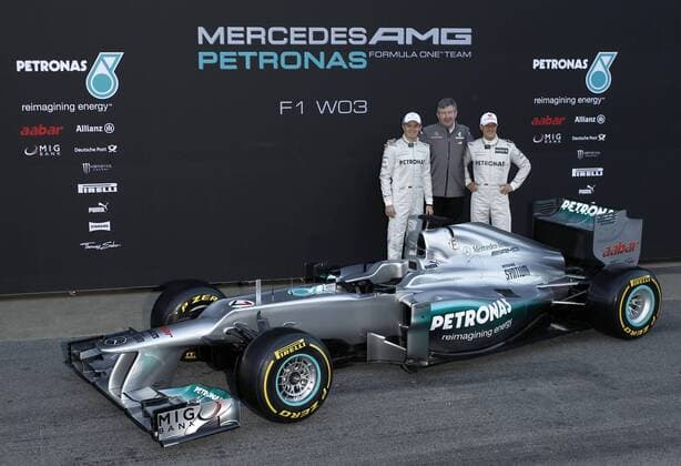 Motorsports: FIA Formula One World Championship 2012, Test Barcelona, Präsentation des neuen Mercedes F1 W03, presentation, launch, new, Nico Rosberg (GER, Mercedes AMG Petronas F1 Team), Ross Brawn ( Teamchef ), Michael Schumacher (GER, Mercedes GP Petronas F1 Team) xHOCHxZWEIx