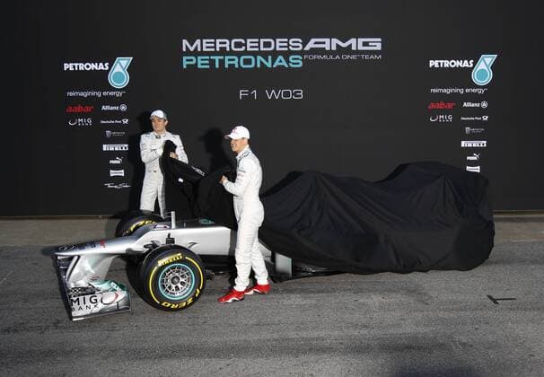 Motorsports: FIA Formula One World Championship 2012, Test Barcelona, Präsentation des neuen Mercedes F1 W03, presentation, launch, new, Nico Rosberg (GER, Mercedes AMG Petronas F1 Team), Michael Schumacher (GER, Mercedes GP Petronas F1 Team), xHOCHxZWEIx