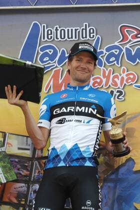 David ZABRISKIE ( USA Garmin - Barracuda ) gewinnt den Auftakt der Langkawi Rundfahrt im Zeitfahren über 20.3 km in Putrajaya - hoch - Freude - Podium - Event: Tour of Langkawi - Tour de Langkawi - Le Tour de Langkawi 2012 - 1 Etappe Zeitfahren - Stage 1 Individual Time Trial - Putrajaya 20.3 km - Location: Putrajaya - Malaysia - Asien - Asia - Datum: 24.02.2012 - Contact