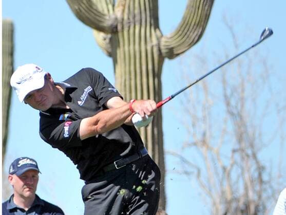 Paul Lawrie of Scotland hits his tee shot on the sixth hole at the World Golf Championship Accenture Match Play Championship at the Ritz-Carlton Golf Club, Dove Mountain in Marana, Arizona, February 24, 2012. UPI Art Foxall  PXP2012022411