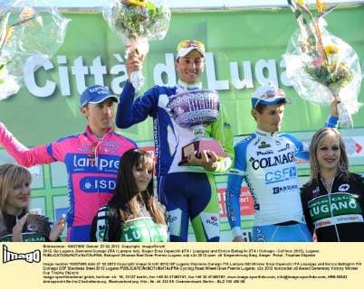 2012, Gp Lugano, Damiano Cunego (ITA Lampre Isd), Sieger Eros Capecchi (ITA Liquigas) und Enrico Battaglin (ITA Colnago - Csf Inox 2012), Lugano 