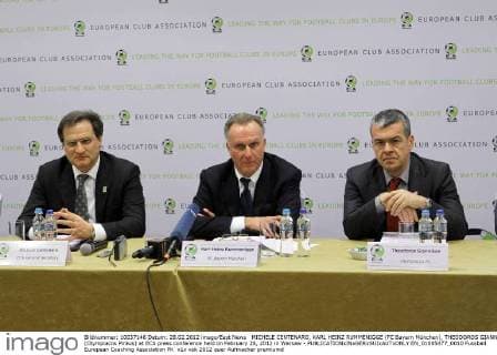 MICHELE CENTENARO, KARL HEINZ RUMMENIGGE (FC Bayern München), THEODOROS GIANNIKOS (Olympiacos Piräus) at ECA press conference held on February 28, 2012 in Warsaw -  EN_01005477_0010