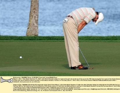 March 1, 2012 - Palm Beach Gardens, FL, USA - Jose Maria Olazabal hangs his head as his putt sits on the lip of the cup on the 18th hole during the first round of the Honda Classic at PGA Golf Herren National Resort and Spa in Palm Beach Gardens, Florida, on Thursday, March 1, 2012. PGA s 2012 Honda Classic - ZUMAm67