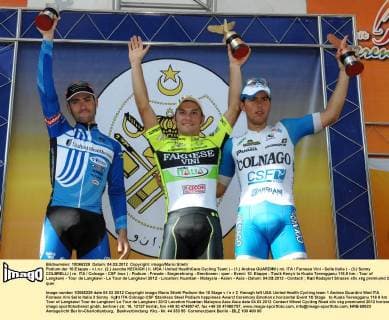 Podium der 10.Etappe - v.l.n.r. (2.) Jacobe KEOUGH ( li. USA United HealthCare Cycling Team ) - (1.) Andrea GUARDINI ( mi. ITA Farnese Vini - Selle Italia ) - (3.) Sonny COLBRELLI ( re. ITA Colnago - CSF Inox ) - Podium - Freude - Siegerehrung - Emotionen - quer - Event: 10. Etappe - Tasik Kenyir to Kuala Terengganu 116.9 km - Tour of Langkawi - Tour de Langkawi - Le Tour de Langkawi 2012 - Location: Kuantan - Malaysia - Asien - Asia - Datum: 04.03.2012 - Contact
