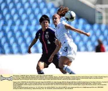 (L to R) Saki Kumagai (JPN), Alex Morgan (USA), MARCH 5, 2012 - Football Soccer : The Algarve Women s Football Cup 2012, match between Japan 1-0 USA in Estadio Algarve, Faro, Portugal.  (sswa040561)