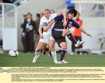 (L to R) Rachel Buehler (USA), Megumi Takase (JPN), MARCH 5, 2012 - Football Soccer : The Algarve Women s Football Cup 2012, match between Japan 1-0 USA in Estadio Algarve, Faro, Portugal.  (sswa040654)