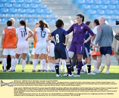 Aya Miyama (JPN), Hope Solo (USA), MARCH 5, 2012 - Football Soccer : The Algarve Women s Football Cup 2012, match between Japan 1-0 USA in Estadio Algarve, Faro, Portugal.  (sswa040676)